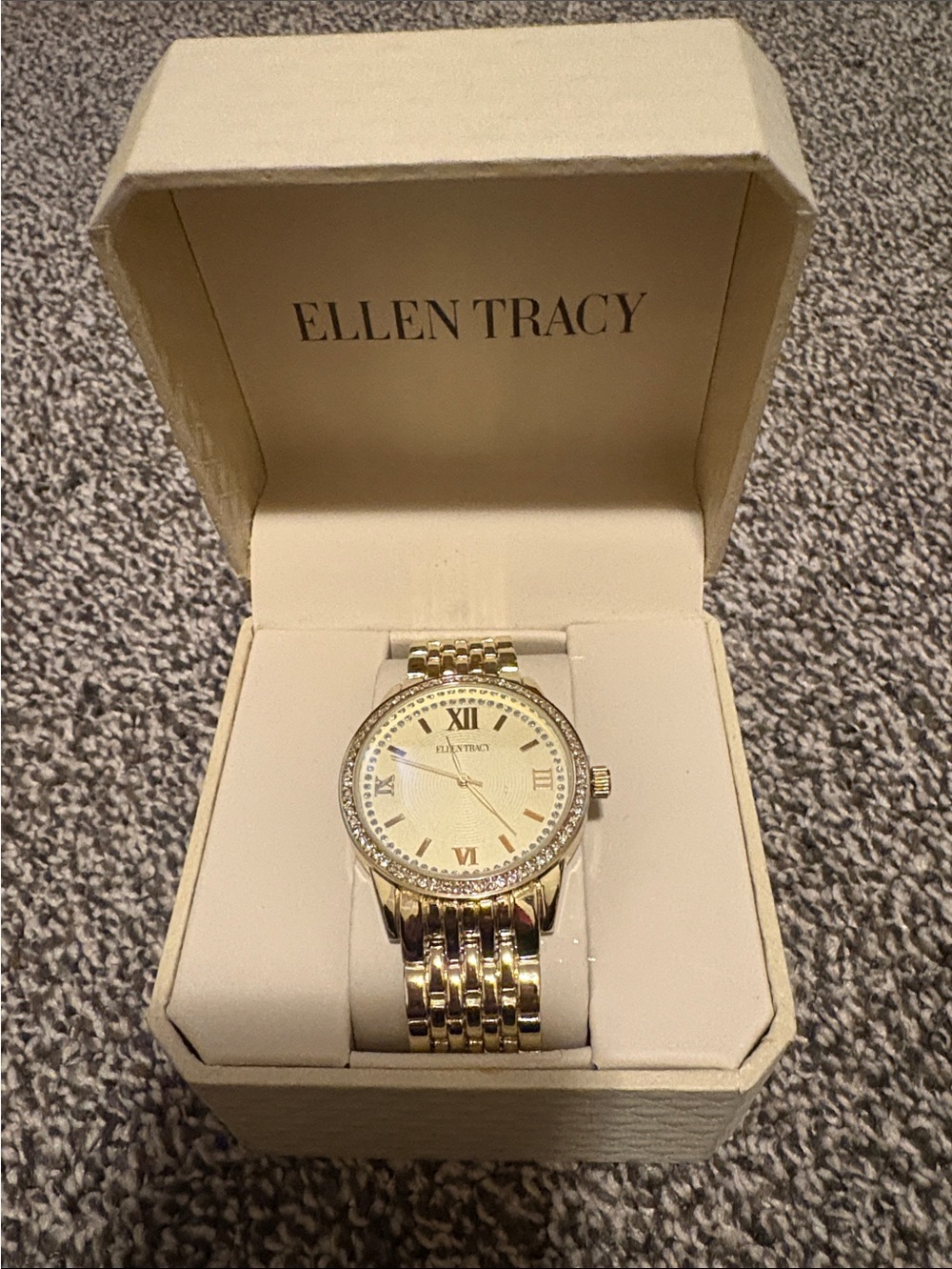 Ellen Tracy Gold Tone Crystal Bezel Bracelet Watch with Cream Dial